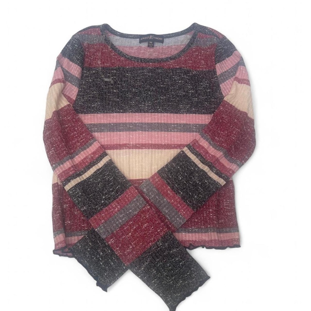 Almost Famous Striped Ribbed Knit Long Sleeve Top Burgundy Pink Crew Neck Medium